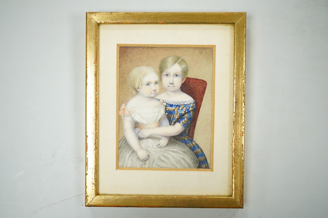 Early 19th century School, Portrait miniature of two seated young children, watercolour on ivory, 10 x 8cm, framed , CITES Submission reference SQ1G9CEP